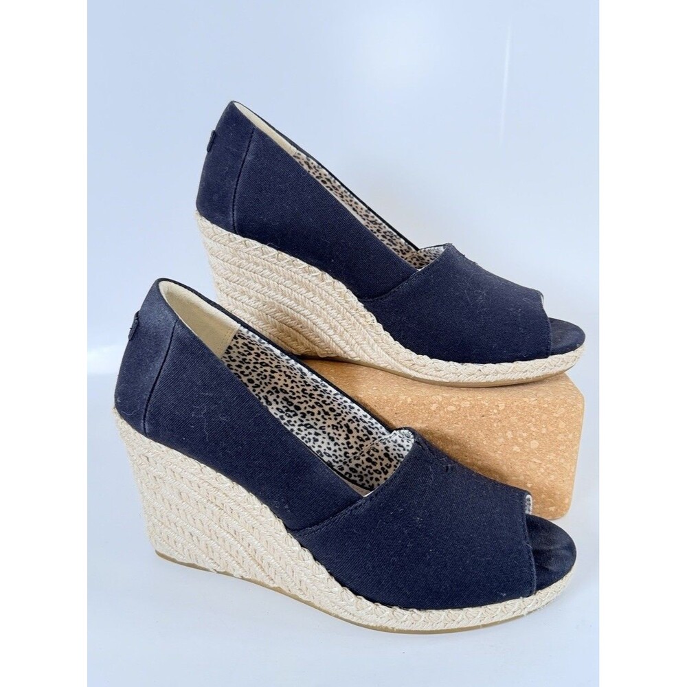 Toms Stella Wedge Espadrilles Peep Open Toe Shoes Black Canvas Women's Size 6.5
